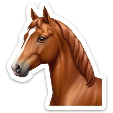 Cinematic Noble Chestnut Horse Portrait Emoji, Poised and regal, with a strong, athletic build and a lustrous, well-groomed chestnut fur, deep-set soulful amber eyes, Simplified yet sharp and sophisticated features, highly detailed, glowing with a warm, dignified glow, high shine, intelligent and majestic, stylized with an air of equine elegance, focused and attentive, soft glowing outline, capturing the essence of a watchful and confident steed, so majestic it feels as though it could gallop out of the screen with effortless authority! sticker