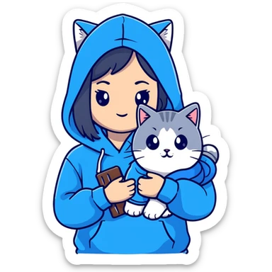 Girl with black hair wearing gray hoodie with a British shorthair blue and white cat and a long-haired blue and white cat sticker
