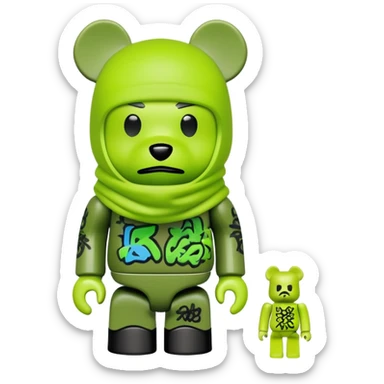 bearbrick toy wearing a lime green balaclava with graffiti style artwork sticker