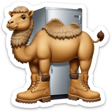 A stainless steel refrigerator with a camel head emerging from the freezer door and camel legs with tan Timberland work boots at the bottom sticker