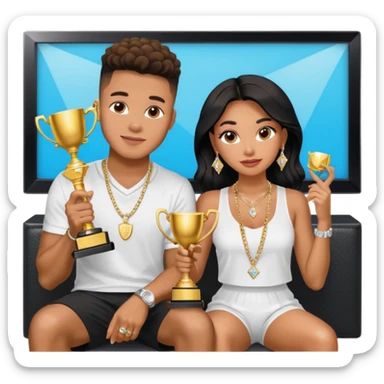 Internet celebrity Josh King Madrid jetset wearing shiny diamond earrings and sparkly iced out diamond tennis necklace chains with Instagram model girl tefi valenzuela sitting with him holding gold internet celebrity trophy on tv show in Miami sticker