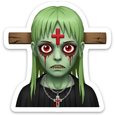 zumbi verde com olhos vermelhos sangrando e franja roupa preta e um crucifixo como colar sticker