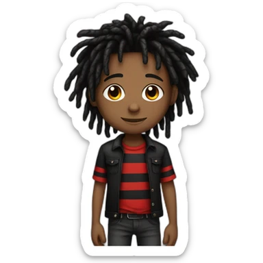 Cute brown skin boy with red and black striped colored dreads wearing a black shirt not smiling  sticker