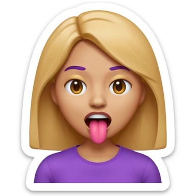 A 3D emoji-style woman with a dead-face vibe: X-shaped crossed-out eyes, mouth open with tongue sticking out slightly, lifeless cartoon expression. She has light caramel brown skin, smooth glossy emoji texture, rounded face, shoulder-length hair, wearing a purple top. sticker