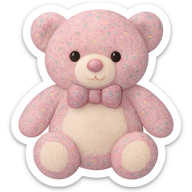 Change the glitter on the teddy bear and bow tie to multicolored glitter, keeping the pink and white fur, flat lighting, no shadows or background, soft plush look, maintain transparency. The style should reflect a soft plush teddy bear with a transparent background and no shadows. sticker