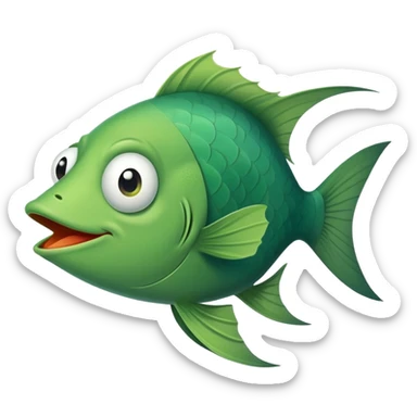super derpy green fish with droopy eye and goofy overbite, perfect flat side profile facing right, exactly 90 degrees, completely 2D like a paper cutout, only one eye visible, absolute side view sticker