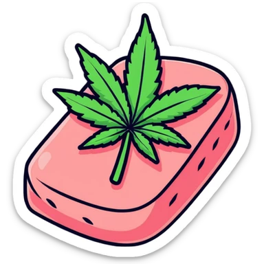 Pink wagyu steak with cannabis leaf decoration sticker