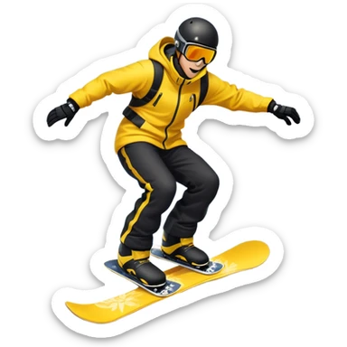 An icon showing a snowboarder performing an exciting jump on a snow-covered slope. The background features towering mountains, snow-covered trees, and a bright, clear sky. Transparent background highlights the speed, agility, and thrill of snowboarding. sticker
