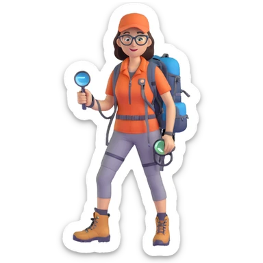 Very happy excited woman in her 40s with glasses wearing sporty outfit, hiking boots, and backpack, holding a magnifying glass sticker
