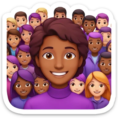 A charismatic person glowing in center of a room, radiating a violet warm bright aura glow, he is attracted smile with a lot of people around sticker