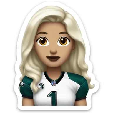 White female long dark hair red lips wearing Philadelphia Eagles jersey sticker