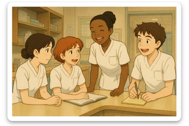 Four nursing students inspired by photos, collaborating warmly in a care station, Ghibli style. White short-sleeve uniforms, medical tunics with V-neck, left chest pocket, no classic collar, no stethoscopes, sleeves neat. Natural interaction in care station setting, warm team atmosphere. sticker