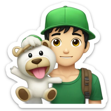 Fernanfloo con gorra de luigui y una rana de peluche sentada en su hombro sticker