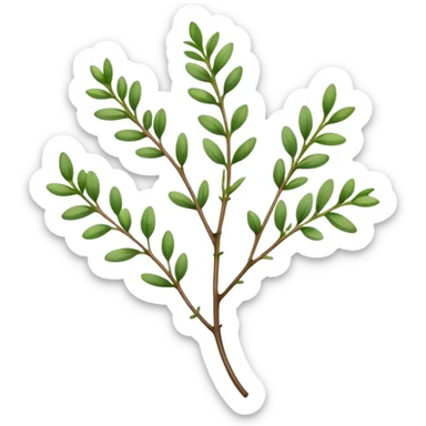 Cinematic Realistic Thyme Emoji, Compact and earthy, with tiny green leaves densely packed on delicate stems. The soft fragrance of the leaves fills the air, creating an atmosphere of warmth and subtle richness. Soft glowing outline, capturing the essence of simplicity and natural healing in a sprig of thyme! sticker