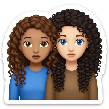 Two best friends .bestie 1: beige skin with brown long hair and blue eye. Bestie 2:mixed race skin with curly black hair and brown eye sticker