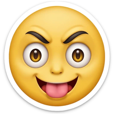 A yellow round face emoji smirking with its tounge out but the eyes are evil and kind of crazy and only one of the eyebrows is raised and the other eyebrow is lower and normal sticker