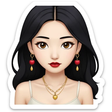 An Asian fair-skinned girl with long black hair (slightly side parted), with double eyelids, thick dark eyebrows, regular small nose, and natural regular lips. Makeup: dark eyelashes, cherry lipstick, and an eyeliner. Clothes: white spaghetti strap crop top and a golden modest necklace. sticker