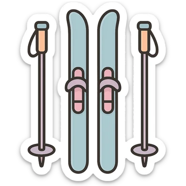 cross-country skis standing upright with poles on the sides, detailed shading, thin clean outlines, soft rounded features, pastel palette #98B5BC #B5B3C1 #C9A3C9 #E4C0CA #F7DCD1 #F7C0AA, Japanese pop art, sticker look, highly detailed, vector clarity, soft lighting, subtle shadows, transparent background sticker