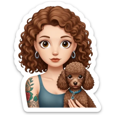 a  white girl with brown  Slightly curle long hair and tattoos and a miniature poodles sticker