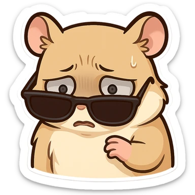 A hamster wearing sunglasses, the sunglasses have slipped down to the bottom of the eyes, the hamster lowered his head, his eyes were dull, terrified, and his face was full of disbelief sticker