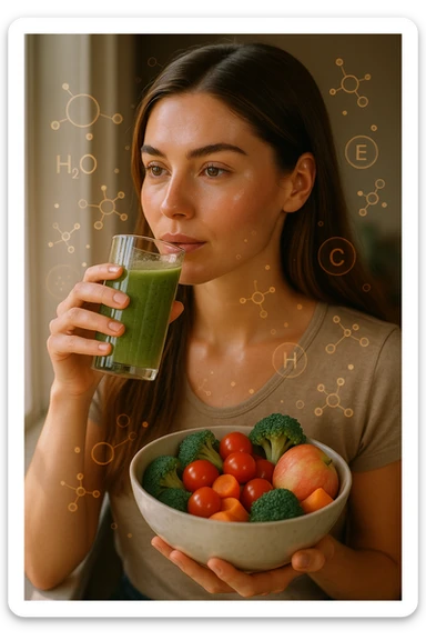 A highly realistic, cinematic portrait of a young woman in her late 20s with glowing, clear, healthy skin and a vibrant scalp with strong, shiny hair, symbolizing internal health reflecting outward. She has a calm, confident expression while sitting by a window with warm daylight softly illuminating her face, highlighting smooth, hydrated skin with a natural glow. Her hair appears clean, full, and strong, indicating a healthy scalp and balanced sebum production. She is drinking a glass of green smoothie rich in antioxidants and holding a bowl of colorful fruits and vegetables, symbolizing how internal nutrition supports skin and scalp health. Subtle, softly glowing overlays of molecular symbols for vitamins, minerals, and hydration molecules gently swirl around her, visually representing the concept of beauty and skin health from the inside out. Style: 35mm hyperrealistic film look, warm tones, soft depth of field, focusing on clear skin texture, healthy scalp, and vibrant hair to inspire holistic wellness sticker
