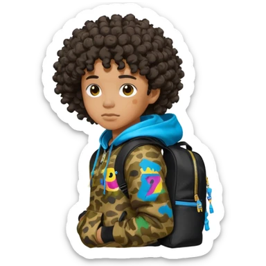 blasian teenager with curly hair, and bape x sprayground hoodie and sprayground backpack sticker