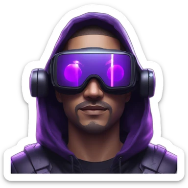 Cyberpunk style. Violet neon. Man with white skin in the black hoody with violet OMG VR logo on it wearing vr headset oculus quest 2 sticker