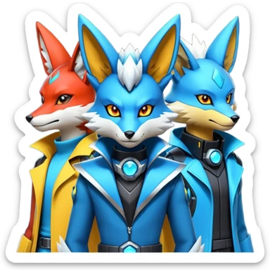 Futuristic modern colorful cyberpunk-Delphox-Zeraora-Lucario-fusion sticker