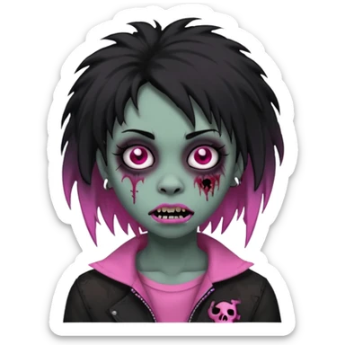 girl, zombie, black coily hair, medium long, emo, shaggy, dark, spooky, piercing on eyebrow, pink teeth, creepy blank expression sticker