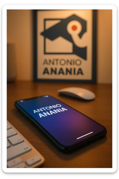 A photo of an iPhone on the desk with the message "Antonio Anania" on its screen, The phone sits atop a desk with a blurred with the logo in the background that suggests work environment. A faint glow from above casts gentle shadows across the surface of each object, creating depth and highlighting their textures sticker
