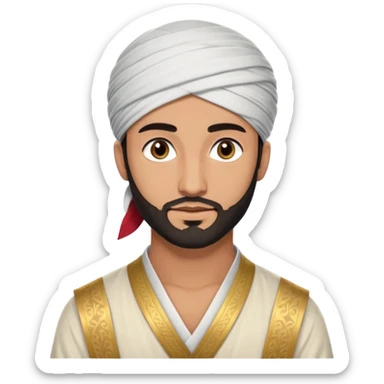 
-Apariencia: Joven de unos 25-30 años, atractivo,.
-Rostro: Ojos oscuros, piel ligeramente morena, rasgos árabes finos.
-Cabello: Negro, algo rizado o suelto, con barba fina.
-cuerpo entero  puede llevar una túnica más oriental, con faja y turbante sencillo sticker