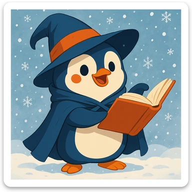 Add a snowy background behind the chubby penguin wizard, keeping the playful style. sticker