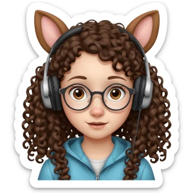 brunette kid with unique face features and very curly long hair kid girl neutral and very big nose and ears and dark eyes with freckles kind of nerd looking and headphone wearing sticker