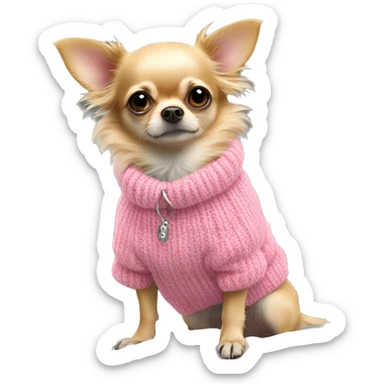 super scruffy wirey haired blonde chihuahua in a huge pink sweater sticker