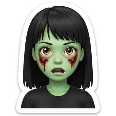 uma garota zumbi no formato Memoji da apple com o cabelo cumprido, preto liso e com franja, blusa preta sticker