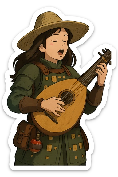 A female bard wearing brigandine armor with a sturdy straw hat, playing a fat medieval lute and singing, night time shadows, tool belt with red potion and bandages, portrait  sticker