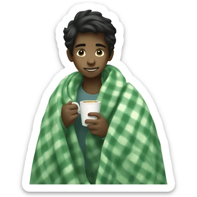 black hair boy wrapped in pastel green plaid blanket drinking coffee sticker