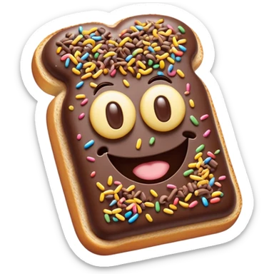 Cinematic Realistic Hagelslag Treat Emoji, depicted as crunchy chocolate sprinkles on buttered bread rendered with vivid textures and playful, inviting lighting. sticker