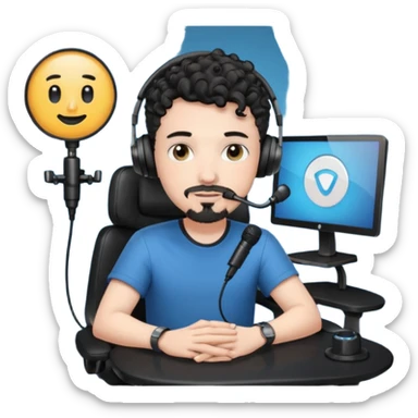 a setup of a youtuber his blach curly short hair, white skin, a thin goatee, with a desktop pc on a table, a gaming chair, microphone, ring light sticker