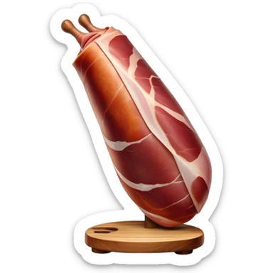 _cinematic-realistic-spanish-ham-leg,-depicted-as-a-massive,-cured-leg-of-jamón-serrano-(ham)-with-a-deep-reddish-brown-hue,-intricately-marbled-and-slightly-glossy-with-age,-elegantly-displayed-on-a-rustic-wooden-stand-and-bathed-in-warm sticker