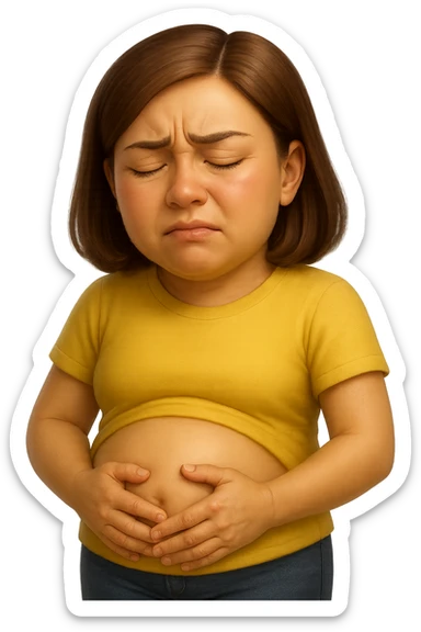 emoji stile iphone di donna con mal di pancia e pancia gonfia, iperrealistico 4k sticker
