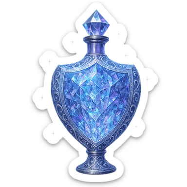 ultra luxurious crystal elixir bottle in shield shape, color #7986cb, multi-layered holographic and silver filigree, intricate crystal texture, magical glowing and sparkling effects, radiant light beams, very small neck, seamless ornate bottom, transparent background, bottle clearly floating in air, no base or shadow, not standing, modern, collection style, extremely beautiful and refined sticker