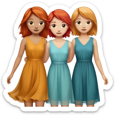 Can you create an image of 3 friends together one with red bright hair light skin one the other with brown hair with some blonde highlights in the hair fair skin the last one with light brown a tint of orange hair with flowy dresses sticker