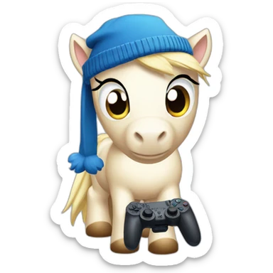 sad pony wearing a blue beanie and holding a ps5 controller sticker