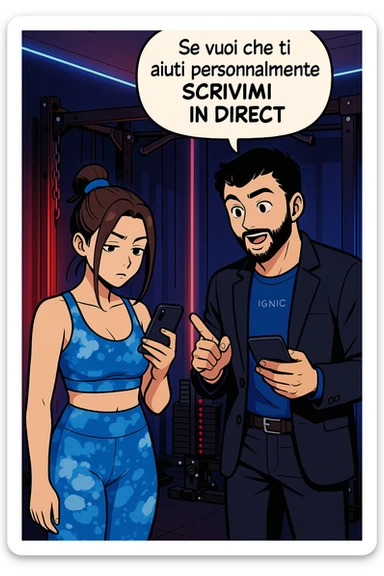 TRASFORMA QUESTO CAROSELLO IN UN FUMETTO STILE WEBTOON/MANGA A COLORI CON QUESTE DUE PERSONE IDENTICHE CHE INTERLOQUISCONO TRA LORO, L'UOMO MOSTRA UNO SMARTPHONE ALLA DONNA INDICANDOLO, E ANCHE LA DONNA HA LO SMARTPHONE IN MANO PER ANDARE A SEGUIRE IL SUO PROFILO INSTAGRAM:

LUI (UOMO): Se vuoi che ti aiuti personalmente
SCRIVIMI IN DIRECT sticker