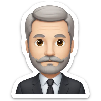 50 yr old white man, pale skin, dark grey hair with some brown highlights, side swept part, groomed moustache and beard sticker
