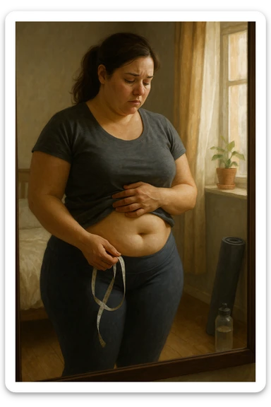 A realistic, cinematic illustration of a woman in her early 30s with a slightly rounded body shape, standing in front of a mirror in a softly lit bedroom, looking at her reflection with a thoughtful, slightly discouraged expression. She is wearing comfortable home workout clothes, holding a tape measure in one hand loosely, while her other hand gently touches her belly area, showing her frustration with slow weight loss progress. The room is cozy, with natural light filtering in, a yoga mat rolled up in the corner, a water bottle, and a small plant on the windowsill. The scene captures the emotional struggle and quiet determination of a woman facing difficulties in losing weight despite her efforts, with warmth and dignity. sticker