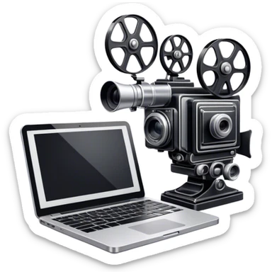 Create an emoji representing screenwriting. The design should feature an open script with visible dialogue and action lines, symbolizing the writing of a screenplay. Add a movie camera next to the script to emphasize the cinematic aspect of screenwriting. Include a classic typewriter or a modern writing device, such as a laptop, to signify the process of creating a script. Use a professional color palette with black, white, and subtle metallic tones. Do not include any emojis or smiley faces. Make the background transparent. sticker