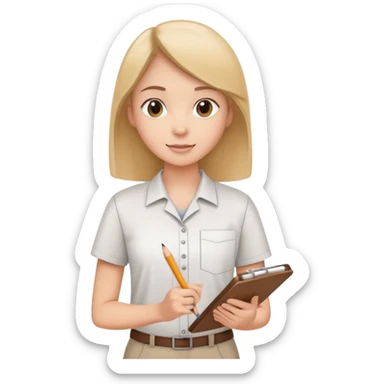 intern or volunteer holding a clipboard and pencil, ready to take notes or assist. The character wears a simple shirt and has an eager posture sticker