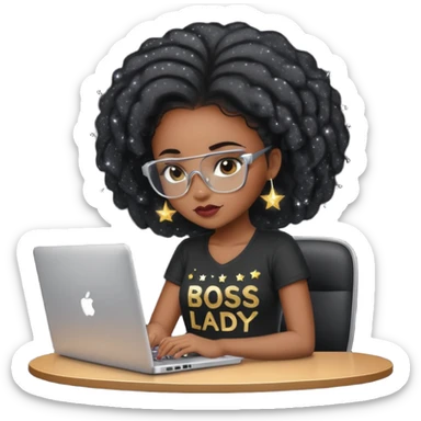 black pretty girl working hard with sparkles on laptop "boss lady" spelled out on shirt sticker
